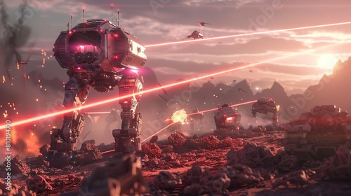 futuristic scifi battlefield robots and lasers in epic combat 3d render photo