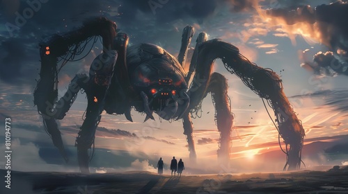 giant spider alien robot in sky with modern surrealism people science fiction apocalyptic invasion concept illustration