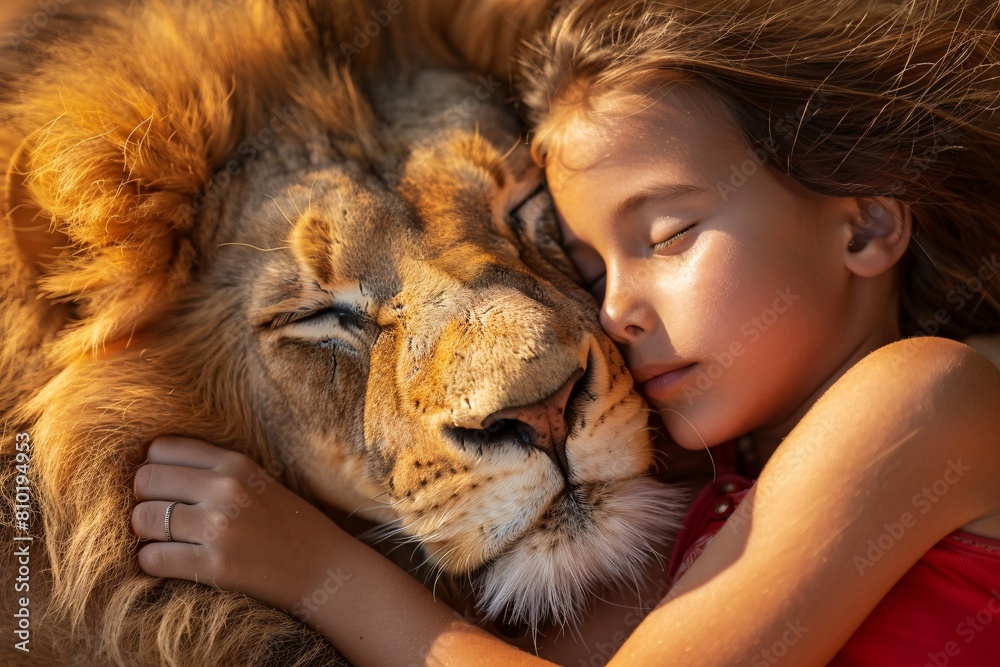 A close-up portrait capturing the peaceful slumber of a child nestled with a majestic lion, bathed in warm sunlight, evoking a sense of wonder and tranquility