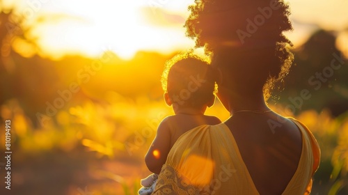 The silhouette of a mother holding her baby against the backdrop of a setting sun, evoking a sense of endearment photo