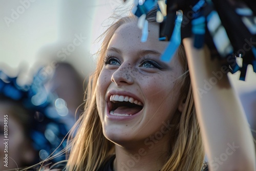 A close-up of a Pom-pom girl cheering energetically on the sidelines of a game