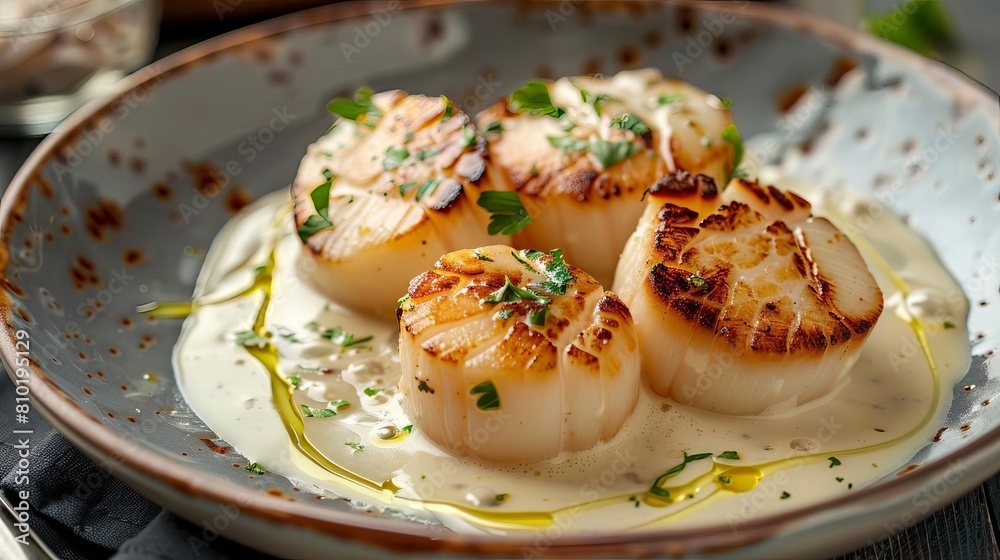 gourmet seafood dish with grilled scallops in creamy lemon butter sauce fine dining poster