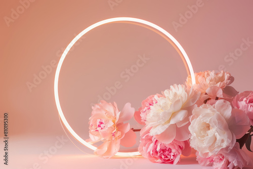 Fototapeta Naklejka Na Ścianę i Meble -  peonies with neon circle on peach pastel background