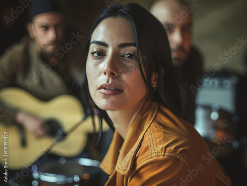 Young female singer with guitarist in the background and the rest of her band