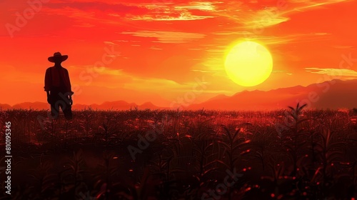 hardworking farmer silhouette in coffee field at vibrant sunset conceptual digital painting