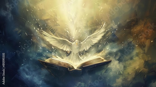 holy spirit descending over open bible digital painting