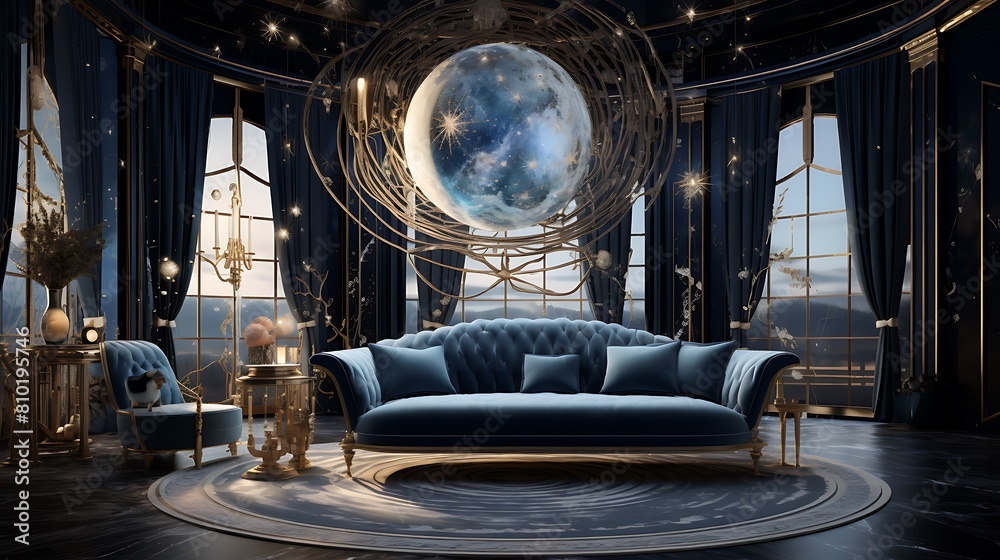 Design a celestial paradise living room with celestial motifs and celestial-inspired furniture