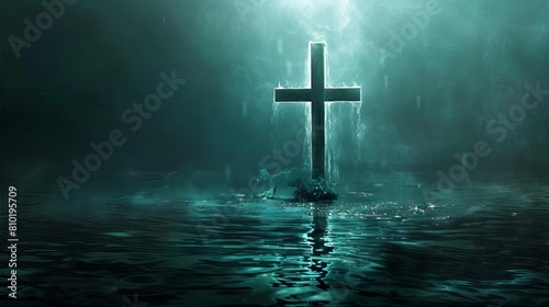 illuminated christian cross submerged in tranquil waters spiritual symbolism digital illustration photo