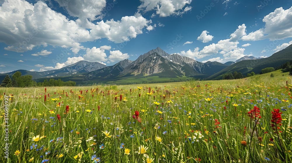 inspiring wildflower meadow with majestic mountain backdrop and vivid sky landscape photography