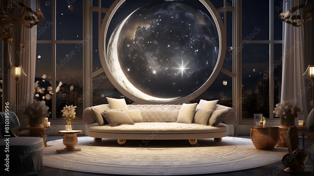 Design a celestial sanctuary living room with cosmic motifs and a sense of peace Design a celestial sanctuary living room with cosmic motifs and a sense of peace
