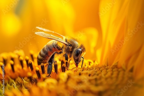 A closeup of a bee pollinating a sunflower highlights the natural interaction within ecosystems, suitable for educational content