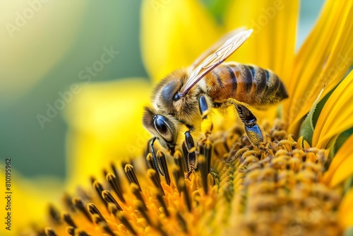 A closeup of a bee pollinating a sunflower highlights the natural interaction within ecosystems, suitable for educational content