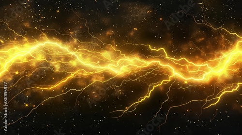 intense bright yellow lightning bolt striking in the night sky abstract illustration
