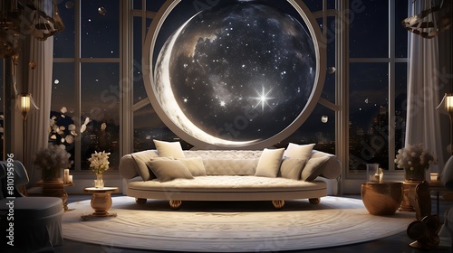 Design a celestial sanctuary living room with cosmic motifs and a sense of peace