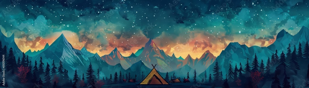 A cozy campsite under a starlit sky in the mountains, illustrated in a folk art style with space for a quote about adventure