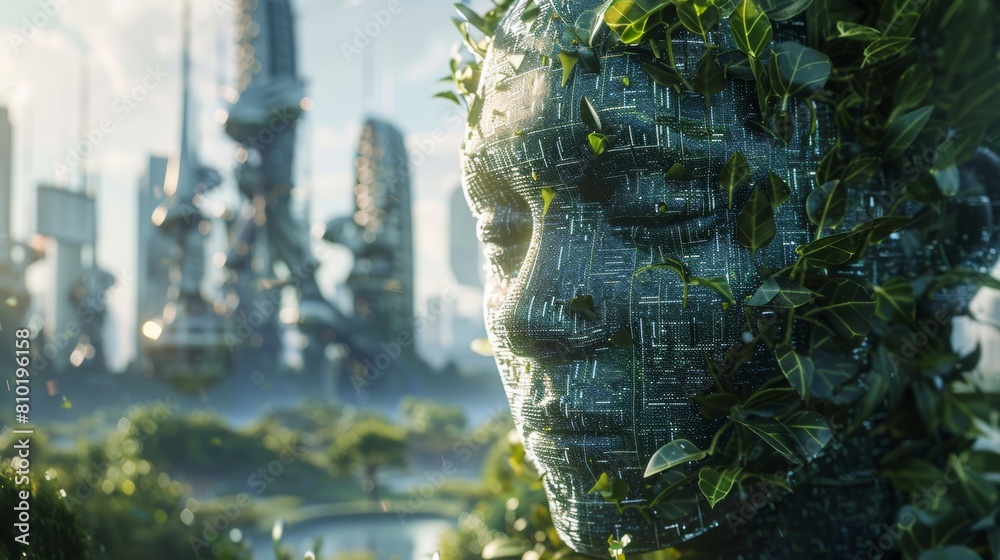 This image shows a close-up of a woman's face. The woman's face is made of stone and covered in vines. The background is a blurred city.