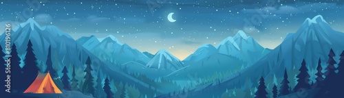 A cozy campsite under a starlit sky in the mountains, illustrated in a folk art style with space for a quote about adventure
