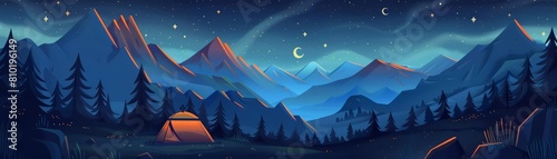 A cozy campsite under a starlit sky in the mountains  illustrated in a folk art style with space for a quote about adventure
