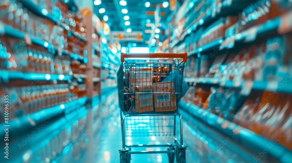 An abstract, blurred view of a shopping cart amidst the colorful chaos of consumer goods in a supermarket An abstract, blurred view of a shopping cart amidst the colorful chaos of consumer goods in a supermarket