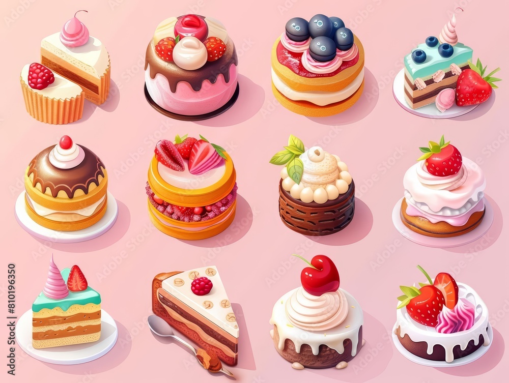 A fantastic isometric set of desserts, sweetening the digital realm with vibrant colors, model isolated on solid color background A fantastic isometric set of desserts, sweetening the digital realm with vibrant colors, model isolated on solid color background