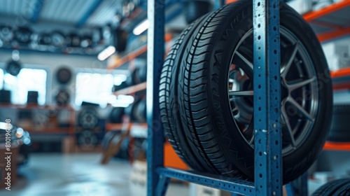 Wallpaper Mural : A freshly installed tire sits neatly on a storage rack within the organized environment of a car workshop Torontodigital.ca