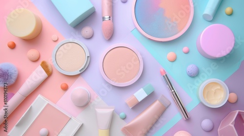 A colorful background with a variety of makeup items, including a brush