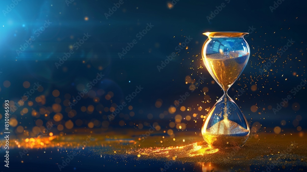 A captivating background featuring a glass hourglass with golden sand grains elegantly cascading down A captivating background featuring a glass hourglass with golden sand grains elegantly cascading down