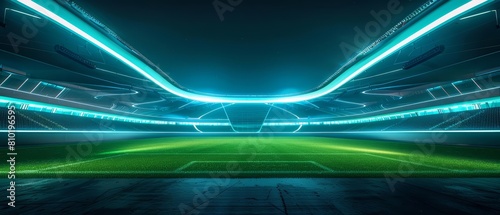 A futuristic soccer stadium, empty and bathed in ambient neon lighting, designed for a unique AIgenerated image with copy space