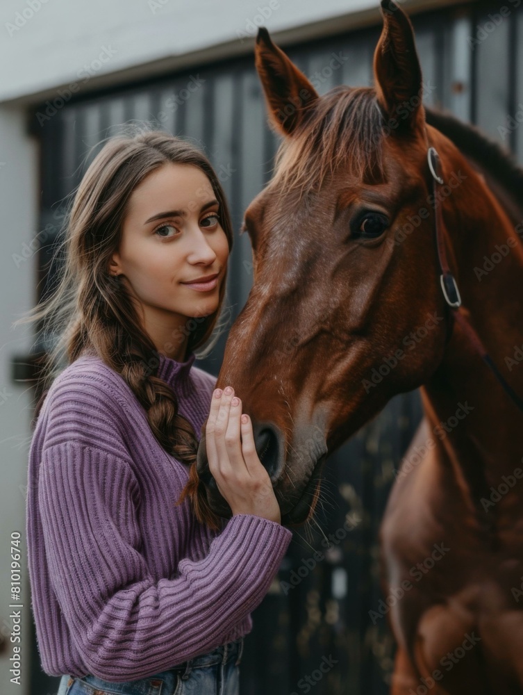 Obraz premium A woman in a purple sweater petting the nose of a horse. Generative AI.