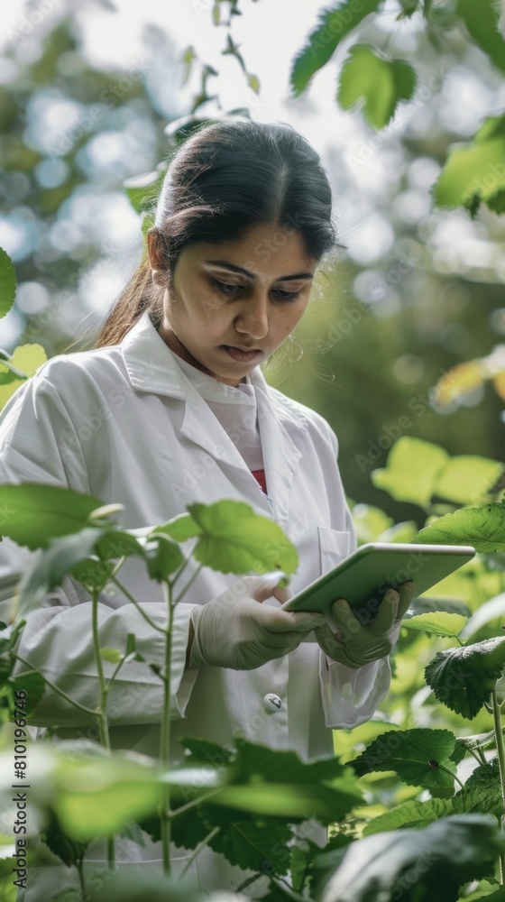 A woman in lab coat standing among plants holding a tablet. Generative AI. A woman in lab coat standing among plants holding a tablet. Generative AI.