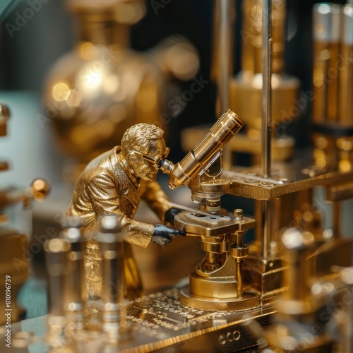 A golden figure of a scientist peers through a miniature microscope, illustrating the monumental impact of small discoveries in the medical field
