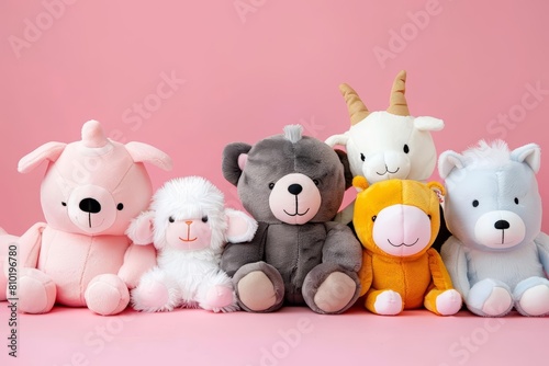 A kawaii group of plush animals, each with a charming personality, model isolated on solid color background