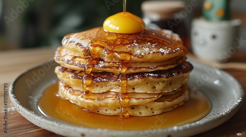 Zoom in on a stack of fluffy pancakes dripping with maple syrup, capturing the golden-brown edges and melt-in-your-mouth texture. © jovannig