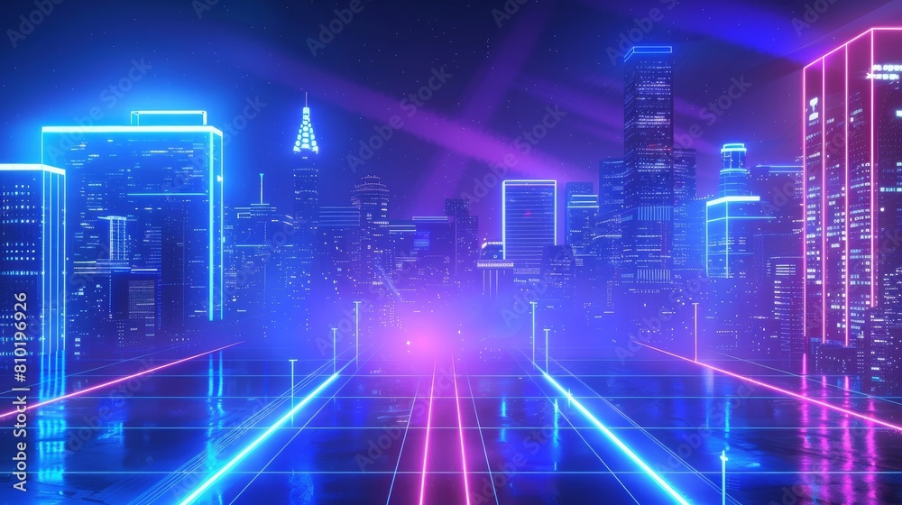 A dynamic and visually striking blue neon light city background, creating a futuristic urban atmosphere