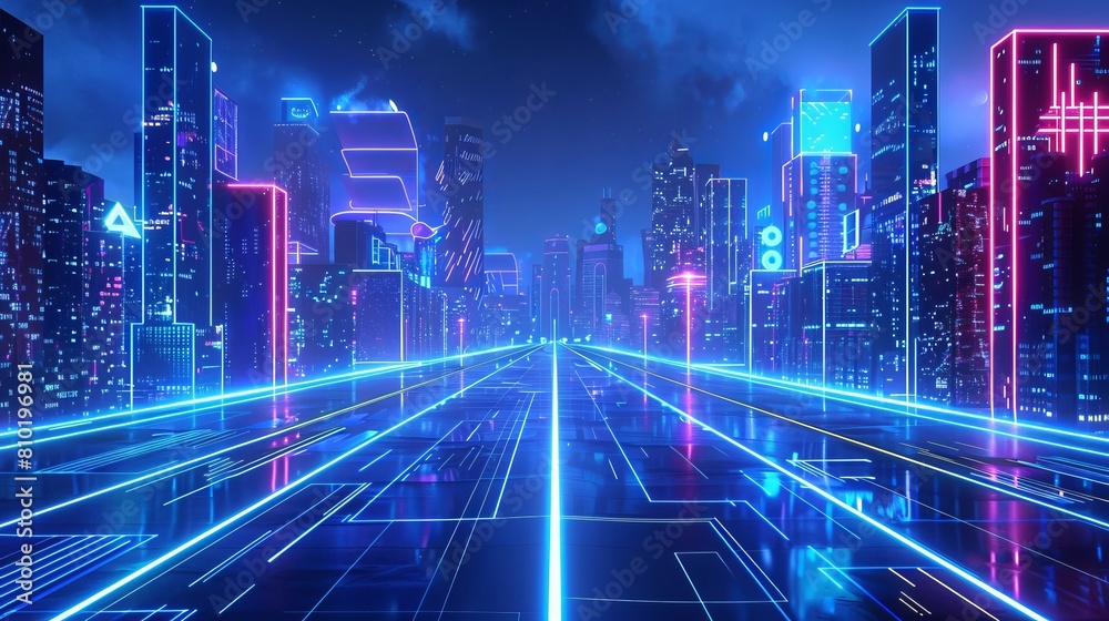 A dynamic and visually striking blue neon light city background, creating a futuristic urban atmosphere A dynamic and visually striking blue neon light city background, creating a futuristic urban atmosphere