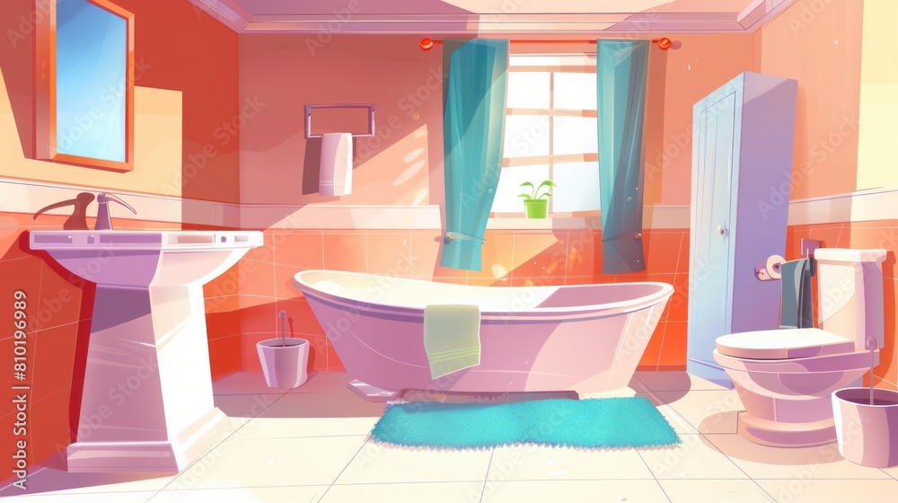 A colorful and inviting cartoon depiction of bathroom furniture, designed for a kid-friendly bath room interior including a toilet, bathtub, and baby shower A colorful and inviting cartoon depiction of bathroom furniture, designed for a kid-friendly bath room interior including a toilet, bathtub, and baby shower