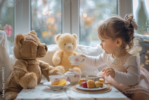 Sweet scene of children having a tea party with stuffed animals photo