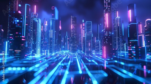 A dynamic and visually striking blue neon light city background, creating a futuristic urban atmosphere