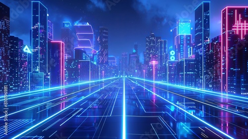 A dynamic and visually striking blue neon light city background, creating a futuristic urban atmosphere