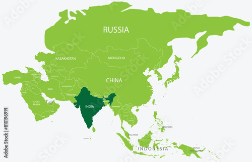Highlighted green map of INDIA inside light green political map of Asia using orthographic projection on light blue background
