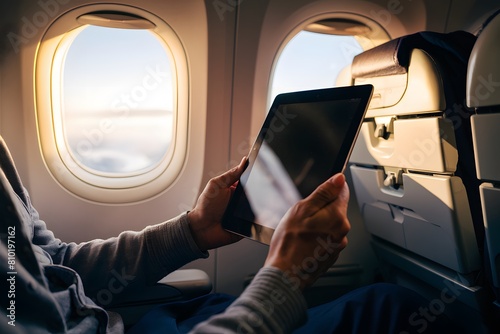 Person uses tablet in airplane, sunlit by window, for travel entertainment or work.