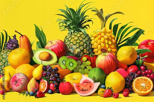 A paintinglike collection of exotic fruits  displayed in a deliciously artistic style  model isolated on solid color background