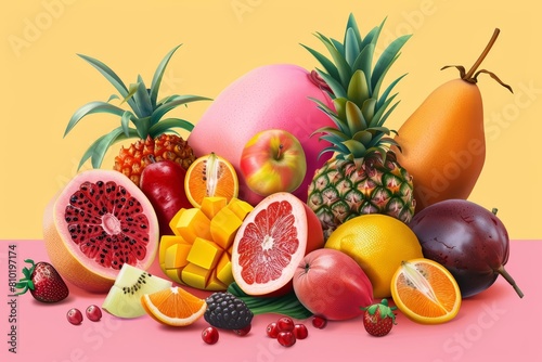 A paintinglike collection of exotic fruits, displayed in a deliciously artistic style, model isolated on solid color background