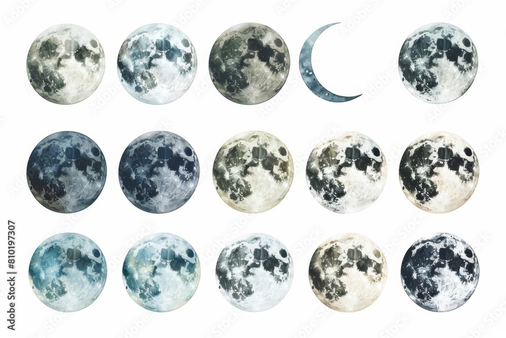 A set of watercolors depicting different stages of the moon, illustrating the celestial beauty of the night sky, isolated white background