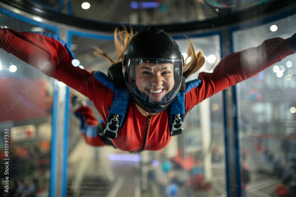 A woman in a red and black jumpsuit flying through the air. Generative AI. A woman in a red and black jumpsuit flying through the air. Generative AI.