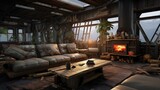 Design a post-apocalyptic sanctuary living room with salvaged materials and a sense of hope
