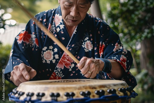 A tight shot of a male percussionist deeply focused on playing traditional Japanese taiko drums, surrounded by a serene garden, his movements precise and powerful photo
