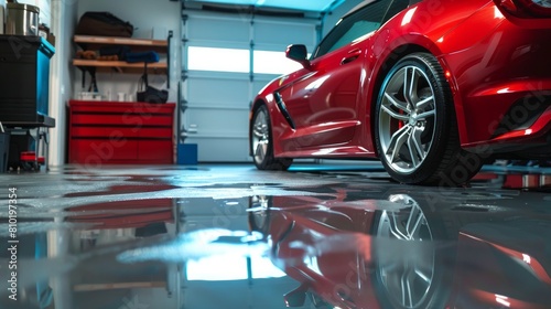 A sleek and durable epoxy floor in a home garage, providing a clean and modern look with enhanced functionality photo