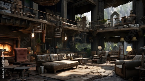 Design a post-apocalyptic sanctuary living room with salvaged materials and a sense of hope © Muhammad