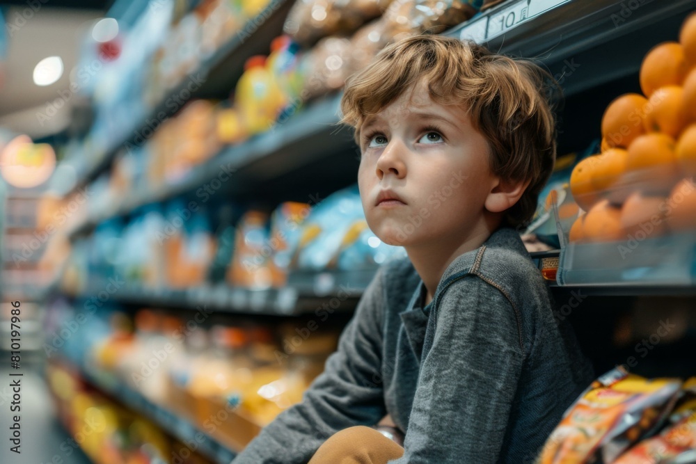 A boy sitting in a grocery store aisle with oranges and other food. AI. A boy sitting in a grocery store aisle with oranges and other food. AI.